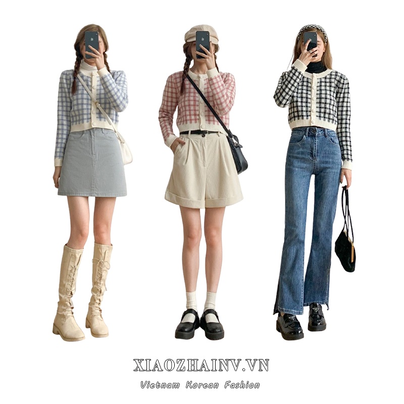 Xiaozhainv Áo Cardigan Dệt Kim Tay Dài Cổ Tròn Kẻ Sọc Caro Phong Cách Hàn Quốc Thời Trang Cho Nữ 4 Màu Tùy Chọn