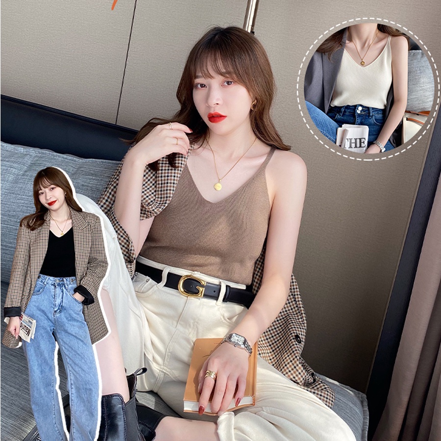 Áo dệt kim 2 dây SUXI cổ chữ V màu trơn đơn giản thời trang mùa hè cho nữ