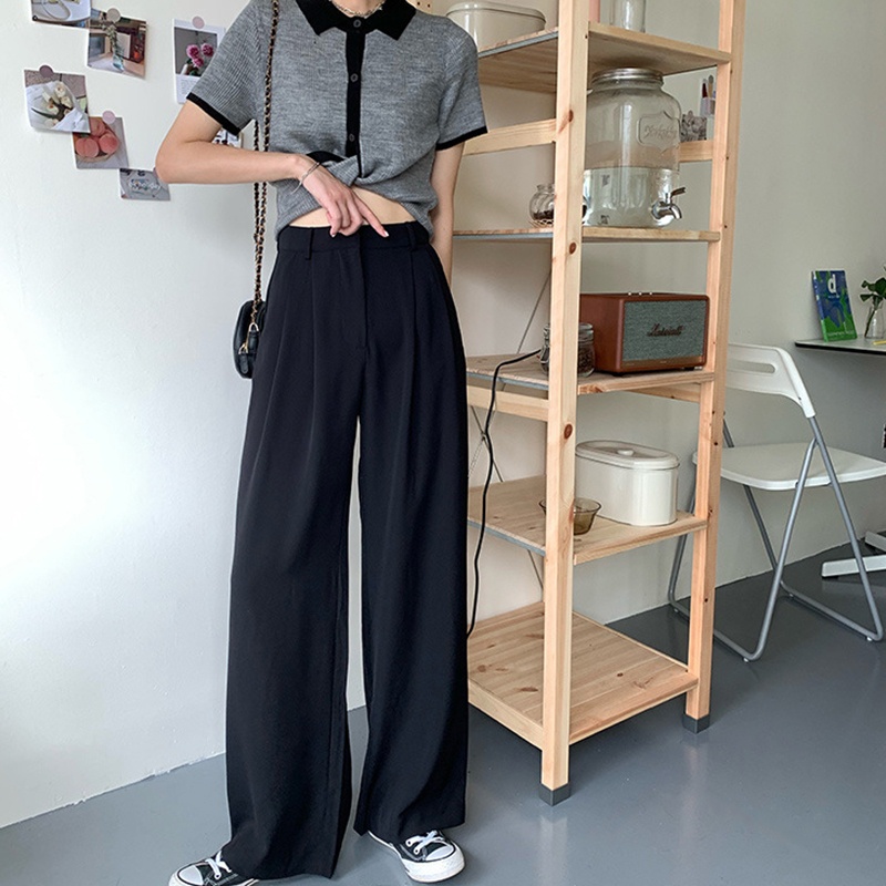 Quần ống rộng Lưng Cao Màu Trơn Phong Cách Vintage Thời Trang Cho Nữ