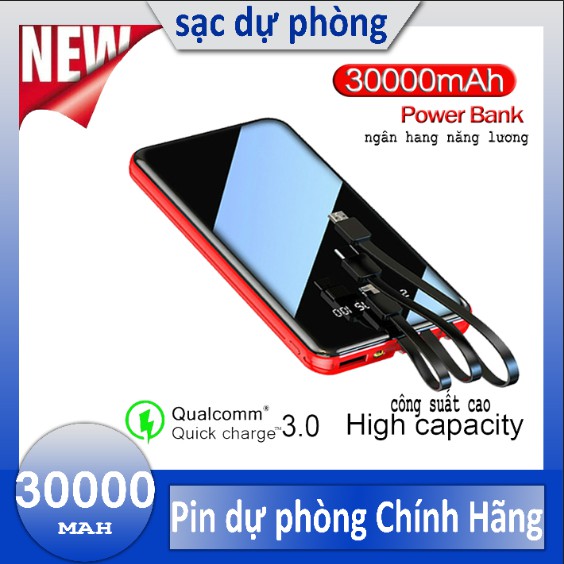 Sạc dự phòng 30000mAh Pin dự phòng Trang bị đèn LED chiếu sáng Sạc Nhanh Hiển Thị Điện Tử có sẵn 3 loại dây sạc