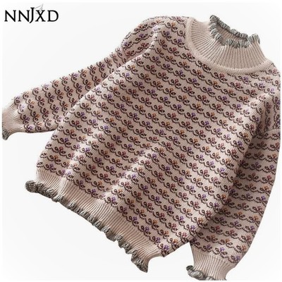 NNJXD Áo sweater dệt kim tay dài họa tiết hoa thời trang thu đông xinh xắn dành cho bé gái