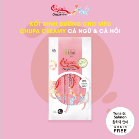 Chupa Creamy TUNA &amp; SALMON for cat ( 14g x 4pcs ) _ Xốt CÁ NGỪ &amp; CÁ HỒI cho mèo ( 14g x 4 tuýp )