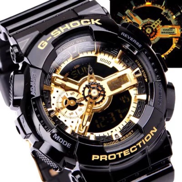 ĐỒNG HỒ NAM CASIO G-SHOCK GA-110GB-1ADR Dây nhựa đen bóng chống thấm nước - Mặt điện tử kim vàng - hàng xách tay