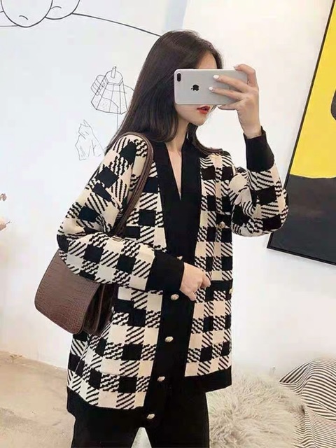 Áo cardigan kẻ caro dày