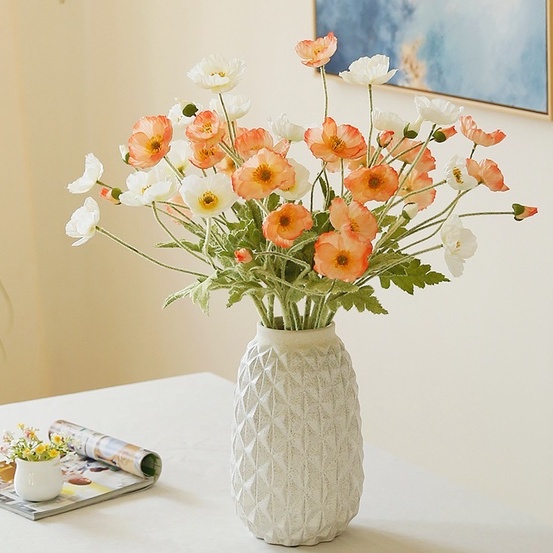hoa giả decor - Hoa anh túc 3 bông 1 nụ trang trí phòng để bàn chất liệu lụa cao cấp thân phủ lông giống 99%