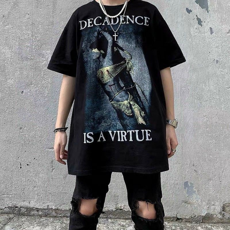 [Ảnh thật phía sau]Áo thun from rộng unisex nam nữ in chữ DECADENCE