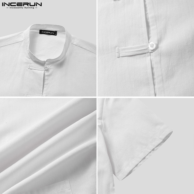 Áo sơ mi Incerun bằng cotton ngắn tay cổ đứng phối nút phong cách cổ trang Trung Hoa dành cho nam