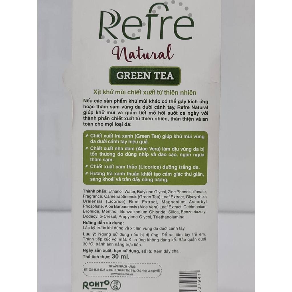 Xịt Thơm Khử Mùi Ngăn Tiết Mồ Hôi Refre Natural 30ml | BigBuy360 - bigbuy360.vn