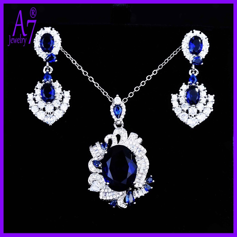 Bộ Vòng cổ + bông tai mạ bạc 925 đính đá sapphire nhiều màu thời trang cho nữ