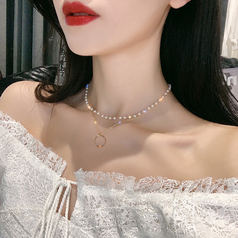 Vòng Cổ Choker Hai Lớp Đính Ngọc Trai Giả Thanh Lịch Dành Cho Nữ