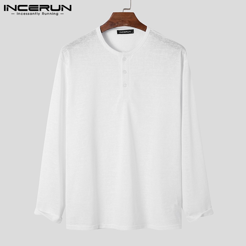 Áo thun INCERUN màu trắng tay dài cổ tròn dáng rộng giản đơn thoáng mát dành cho nam