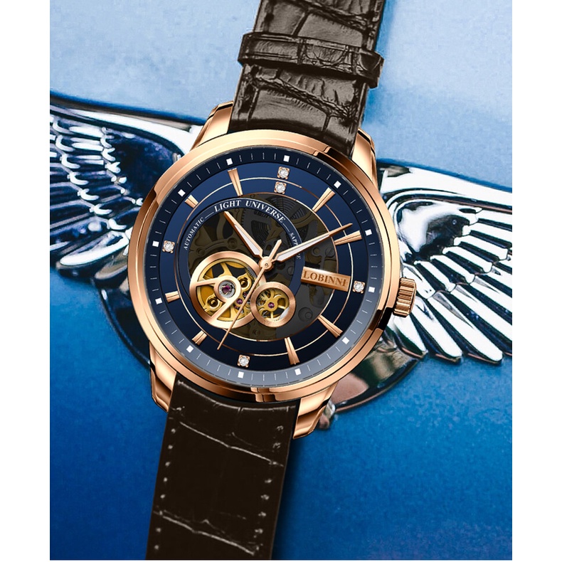 Đồng hồ nam chính hãng LOBINNI L5013-1 Kính sapphire,chống xước,Chống nước 50m,dây da xịn,Máy cơ( Automatic),BH 24 tháng