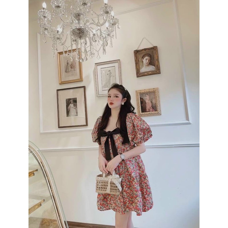 Đầm Babydoll Nữ Hoa Nhí Phối Nơ Cổ Vuông 🦋 Váy Nữ Tiểu Thư Cộc Tay Dáng Xòe 2 Màu 🦋 | BigBuy360 - bigbuy360.vn