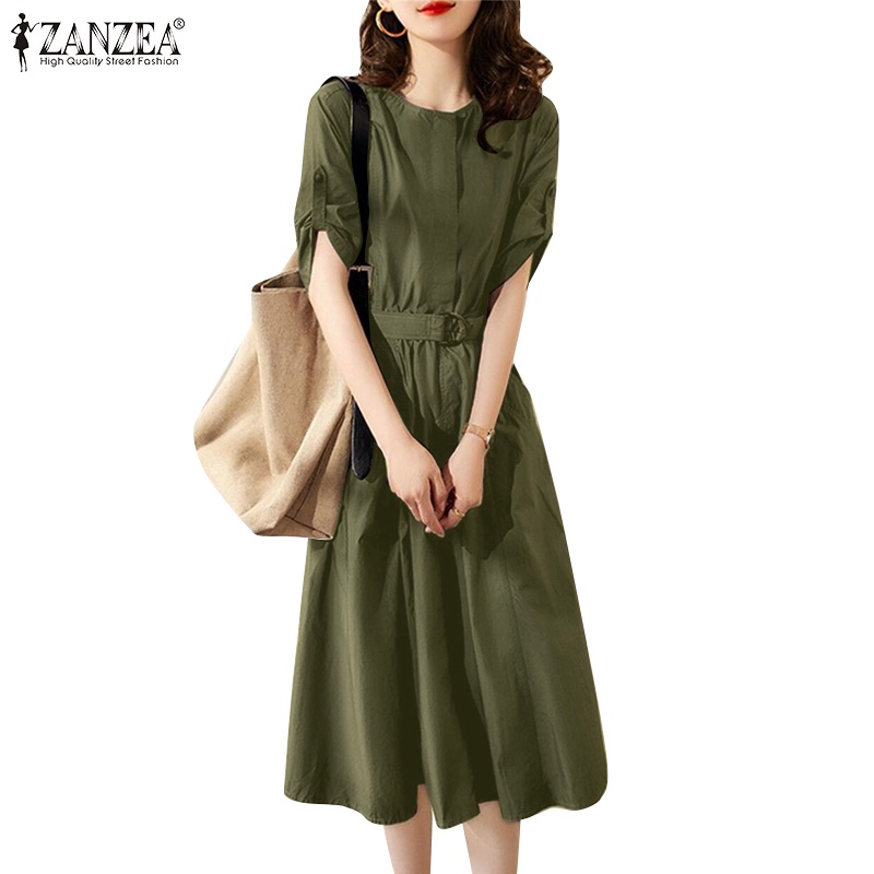Đầm ZANZEA tay ngắn cổ tròn màu trơn phong cách retro thời trang dành cho nữ