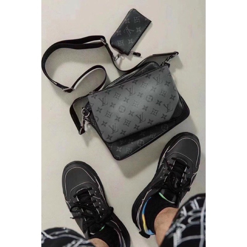 SET TÚI ĐEO CHÉO NAM NỮ UNISEX 3 CHI TIẾT HOA XÁM / HOA ĐEN CẢO XÁM LV DA THẬT FULLBOX SMANO BAGS HOẢ TỐC