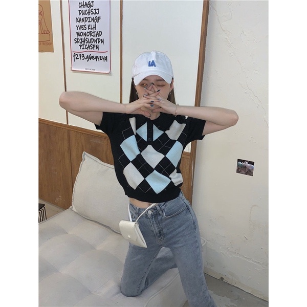 [ SẴN ] Áo polo croptop ô trám ( 2 màu: trắng/ đen ) | BigBuy360 - bigbuy360.vn