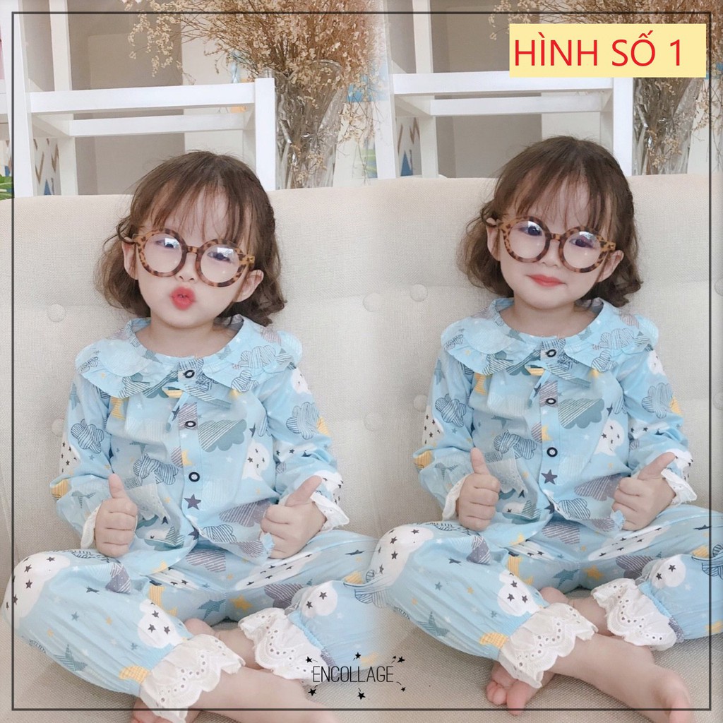 Bộ pijama thô lụa dài tay viền ren cổ bèo in hình cho bé gái | BigBuy360 - bigbuy360.vn