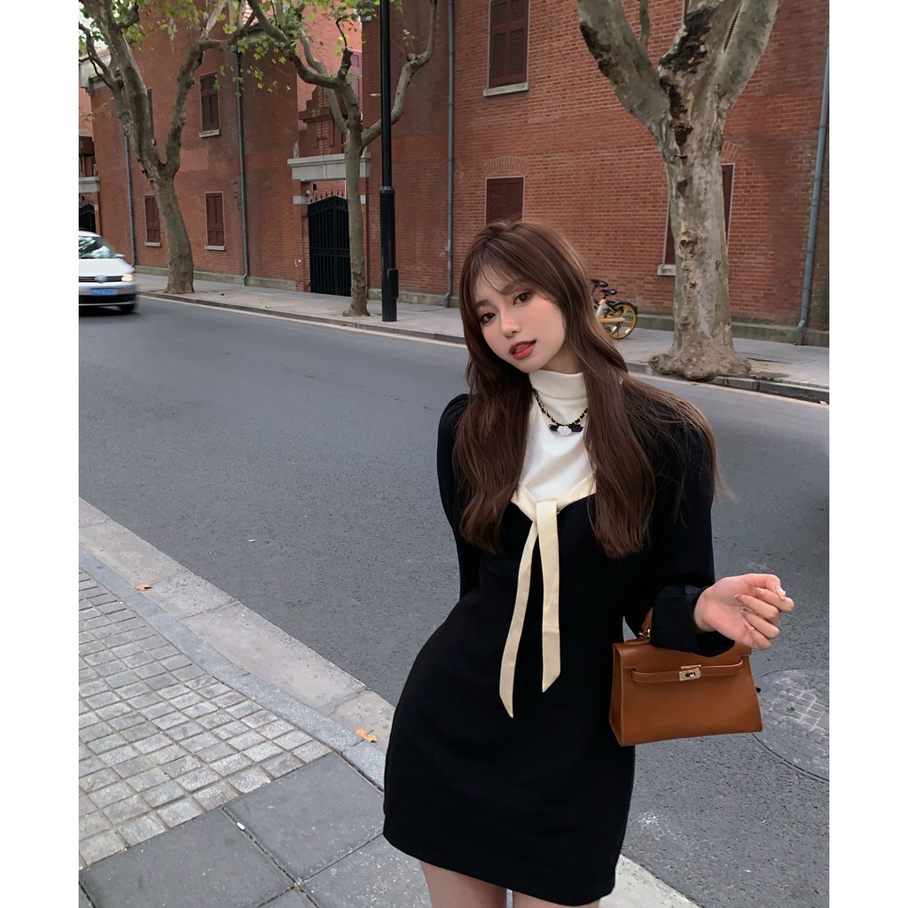 Váy ngắn dài tay nữ phong cách tiểu thư ngọt ngào khí chất hàng Quảng Châu thu đông mới xu hướng 2021