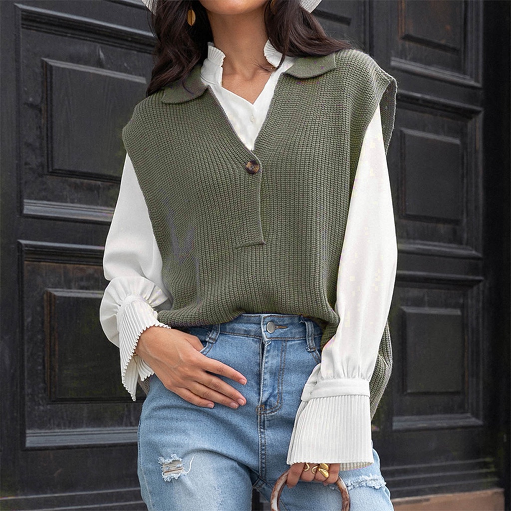 Áo Khoác Cardigan Dệt Kim Sát Nách Cổ Chữ V Một Hàng Nút Màu Trơn Thời Trang Thu Đông Cho Nữ