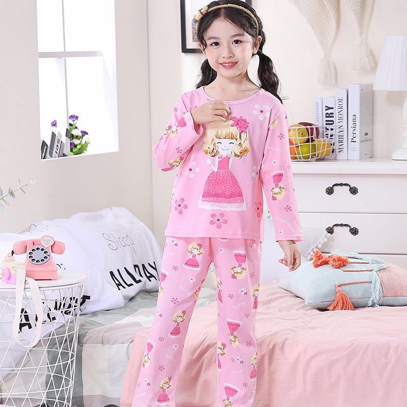 Set đồ ngủ áo thun tay dài + quần dài in hoạt hình Hello Kitty cho bé gái