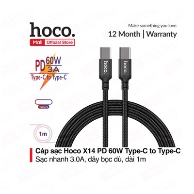 Cáp sạc nhanh Hoco X14 PD60W Type-C to Type-C, sạc nhanh 3.0A, truyền dữ liệu, dây bọc dù chống đứt, gãy gập, dài 1m