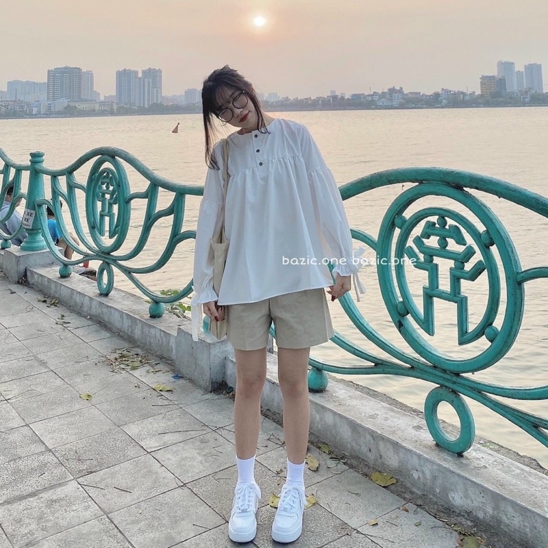 [Ảnh thật/video] Set áo sơmi babydoll bánh bèo và quần sooc nâu dày dặn/ Áo sơ mi nơ tay