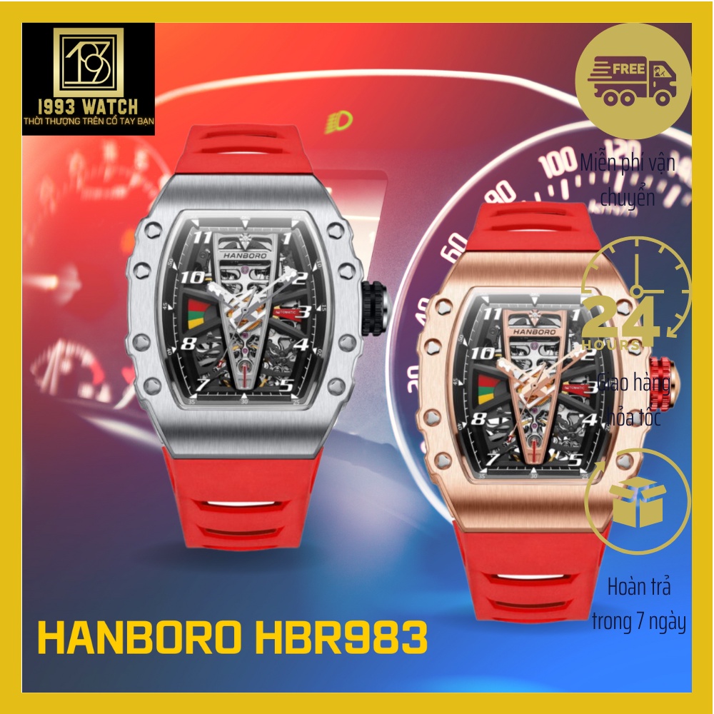 Đồng Hồ Nam Hanboro Automatic HBR983 , Dây Cao Su Màu Đỏ , Size 41x50mm fullbox