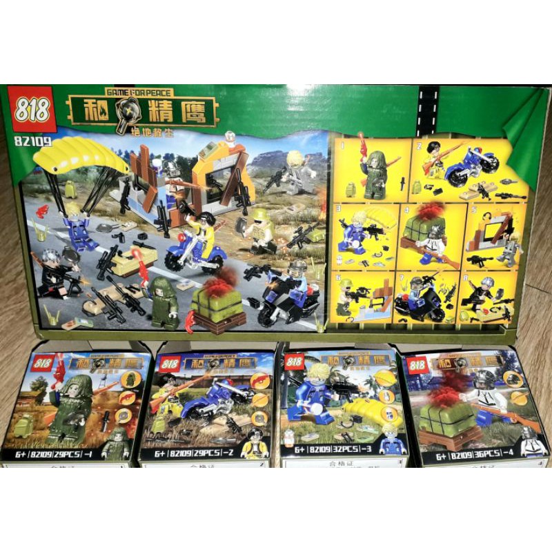 Lắp ráp 1 hộp Lego_Game Pubg 82109 có nhiều chi tiết bằng nhựa