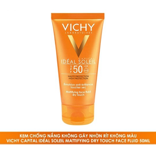 KEM CHỐNG NẮNG KHÔNG GÂY NHỜN RÍT KHÔNG MÀU VICHY CAPITAL IDÉAL SOLEIL MATTIFYING DRY TOUCH FACE FLUID 50ML