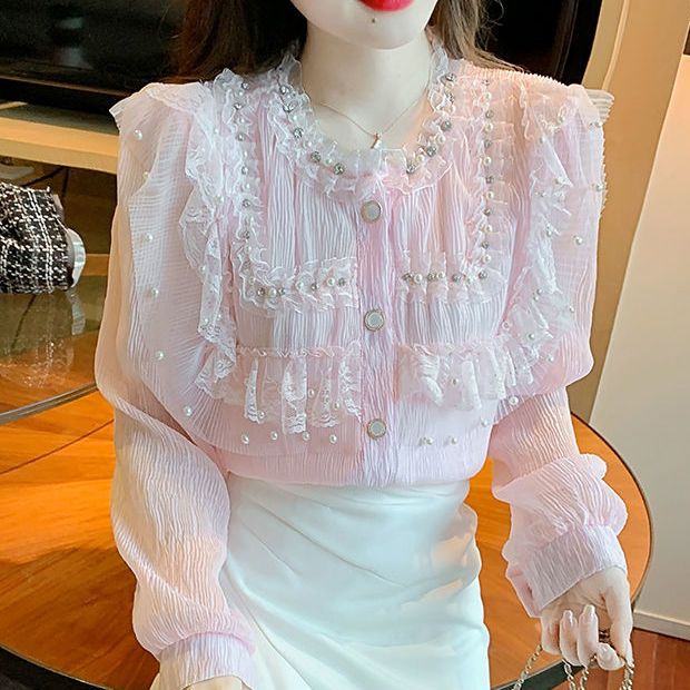 Áo Sơ Mi Viền Ren Đính Hạt Ngọt Ngào Phong Cách Hàn Quốc Mới Cho Nữ