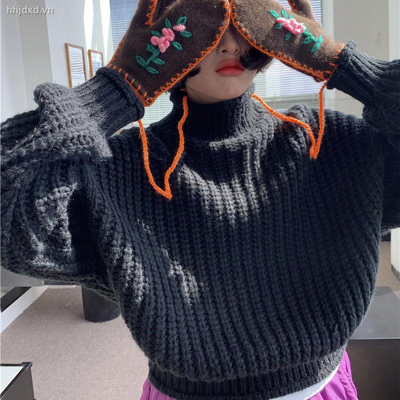 Áo sweater dệt kim dày dáng rộng cổ lọ phong cách retro thời trang thu đông mới 2021