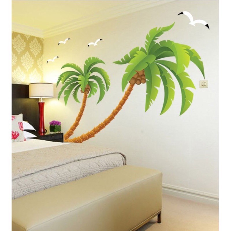 Decal dán tường - 2 Cây Dừa Nghiêng hạt trắng size lớn (2 tấm )