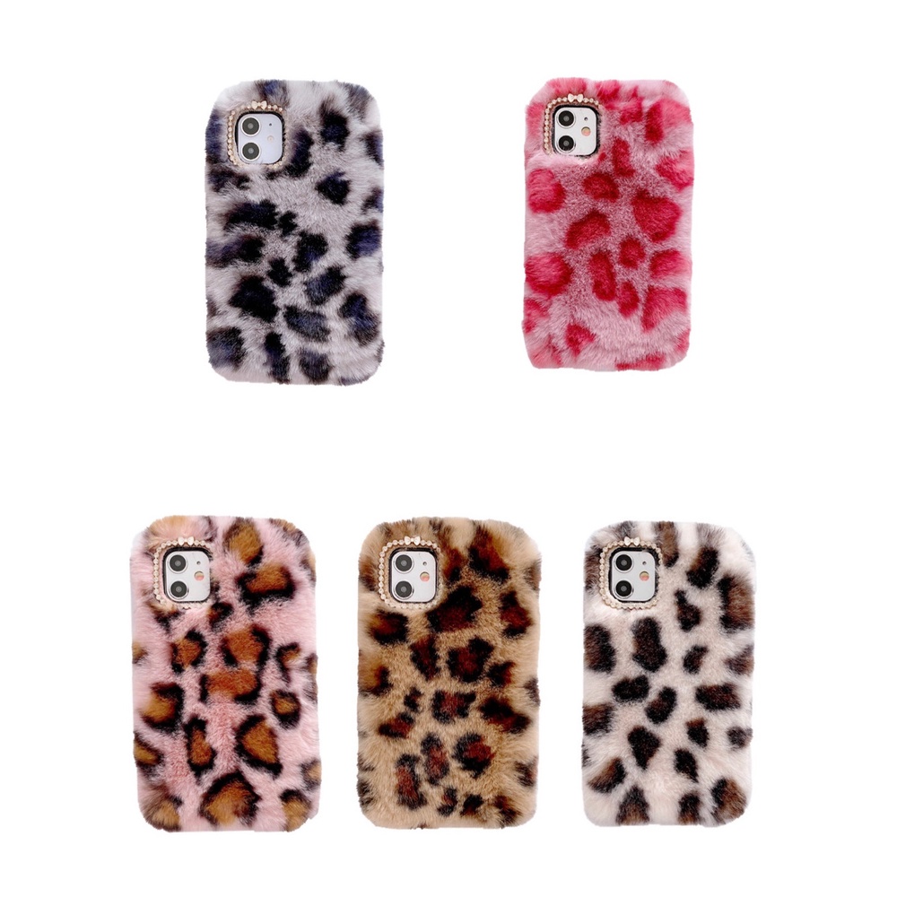 Ốp điện thoại TPU phối lông nhung chống rơi in họa tiết da báo cho iPhone 11 Pro Max X XS Max XR SE2 7 8 6 6s Plus