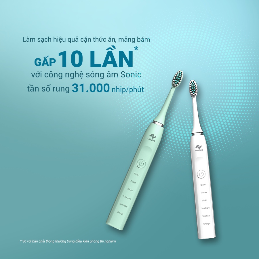 Bàn Chải Điện Sonic Life360 LE-BCD22B - Chải Sạch Mảng Bám Tới 10 Lần, Chống Nước IPX7 - Trắng & Xanh