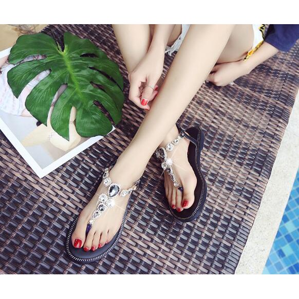 Giày Sandal Đế Bằng Đính Đá Phong Cách Bohemian