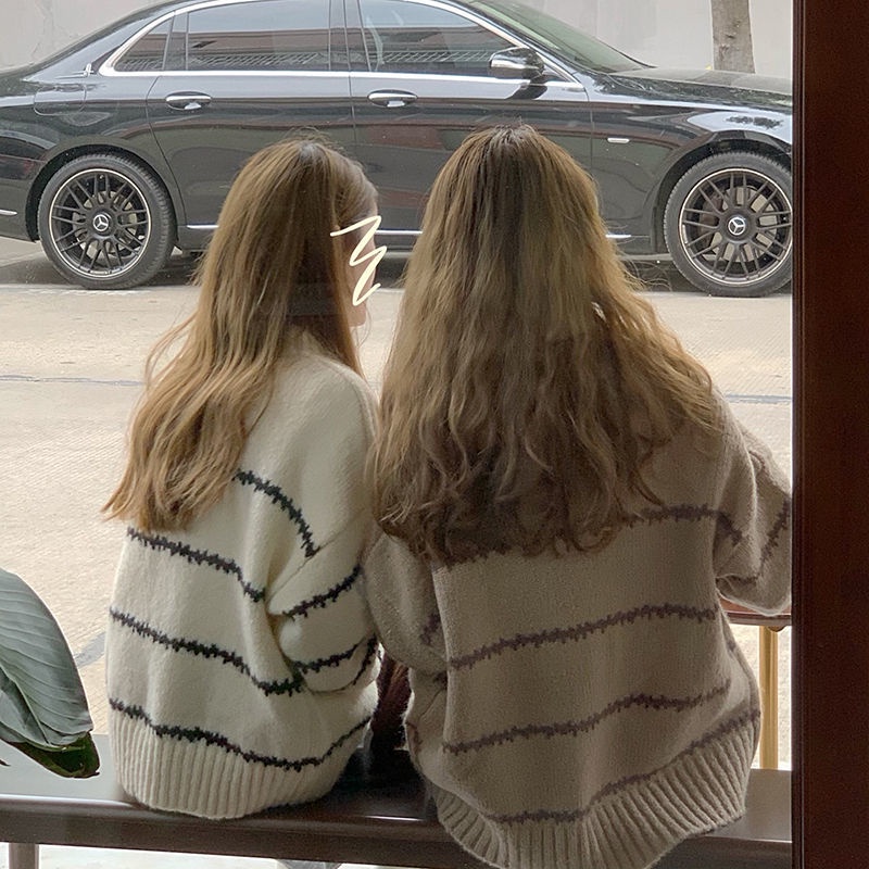 Áo Len Tay Dài Họa Tiết Kẻ Sọc Màu Sắc Tương Phản Phong Cách Hàn Quốc Thời Trang Mùa Thu