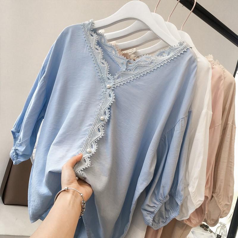 Áo sơ mi kiểu tay lỡ cổ V viền ren thanh lịch và điệu đà cho nữ
