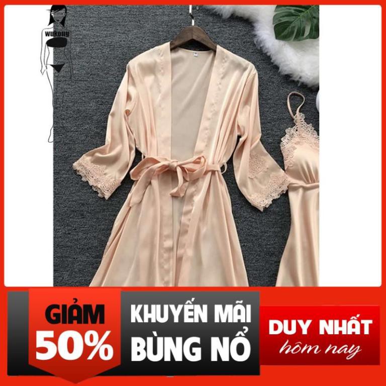 Áo choàng ngủ vải phi bóng phối ren quyến rũ cho nữ đẹp