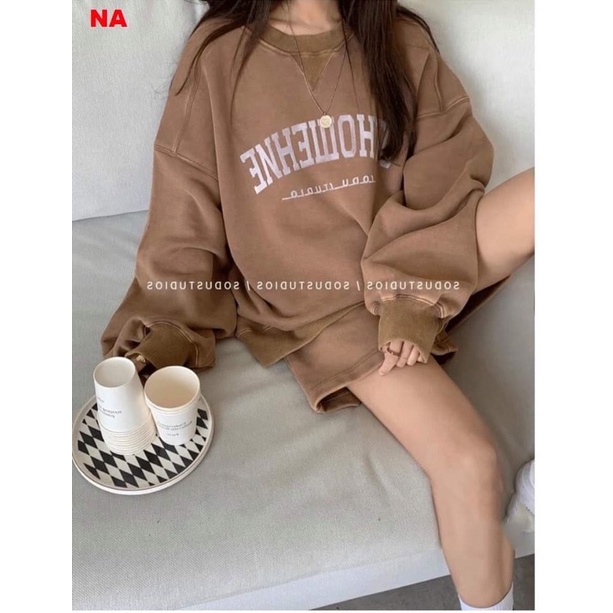 Sét Bộ thu đông nam nữ OTH Ulzzang tay bồng in chữ kèm quần Short