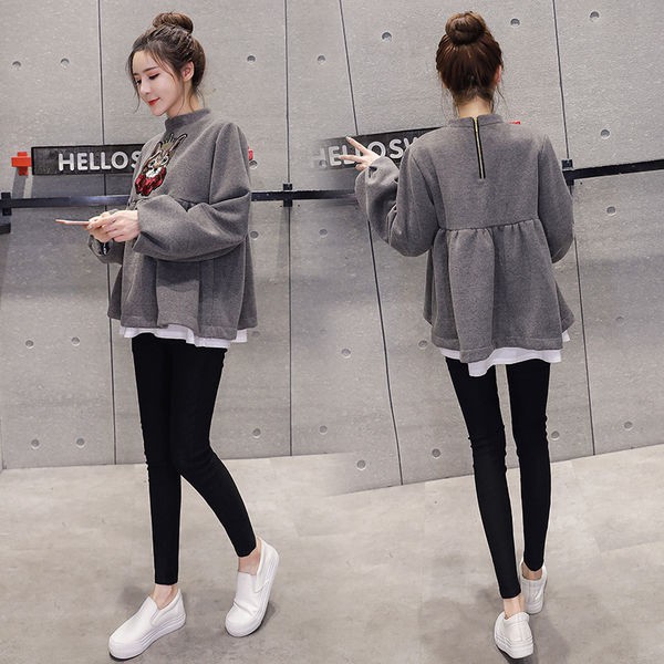 Bộ Áo Sweater Phối Đầm Nhung Dày Thời Trang Mùa Đông Cho Mẹ Bầu