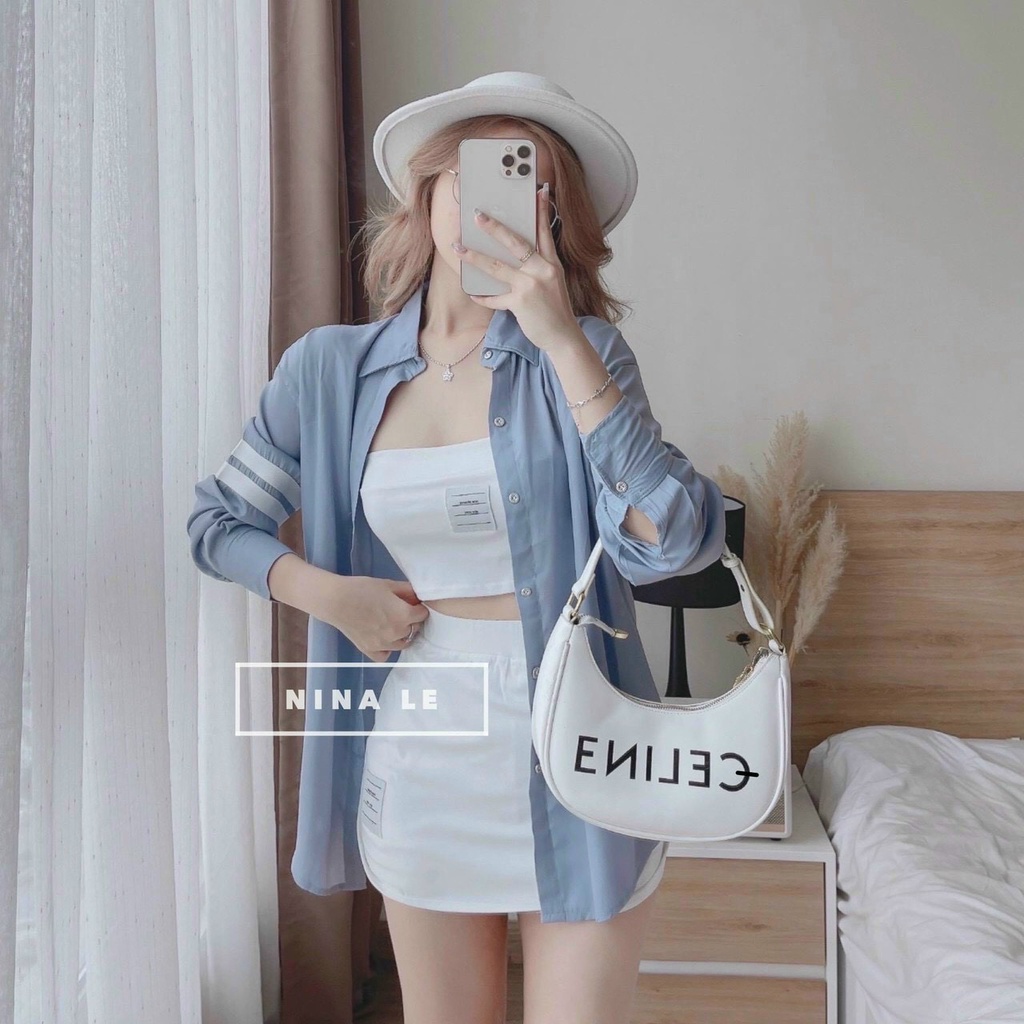[8.8 Sales Freeship] Set bộ nữ 3 món, set váy thun áo ống ôm body kèm áo sơ mi dài from rộng phối tay 3 sọc