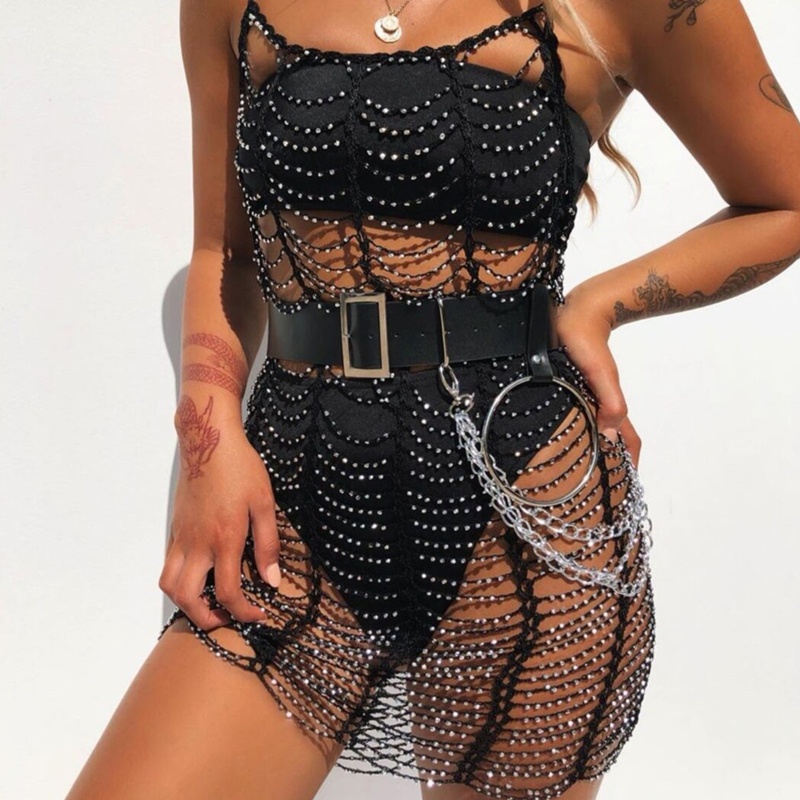 Brroa Đầm Dây Mảnh Mini Ôm Dáng Đi Biển Đính Đá Pha Lê Gợi Cảm Cho Nữ