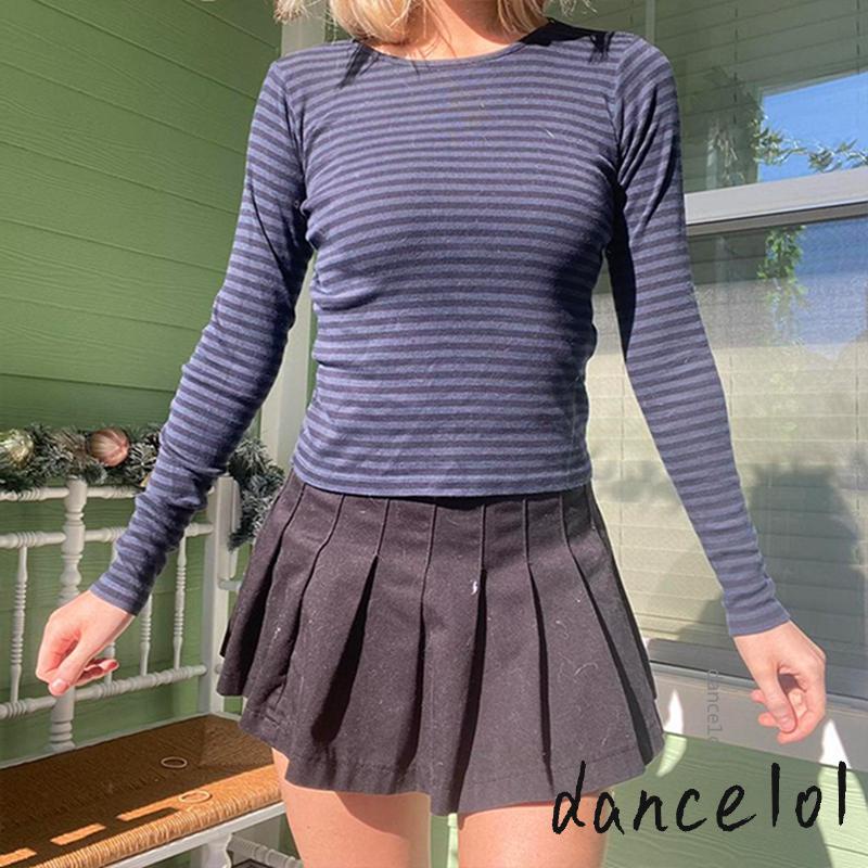 Áo Thun Tay Dài Cổ Tròn In Họa Tiết Kẻ Sọc Khiêu Vũ1O1-Y2k Cho Nữ