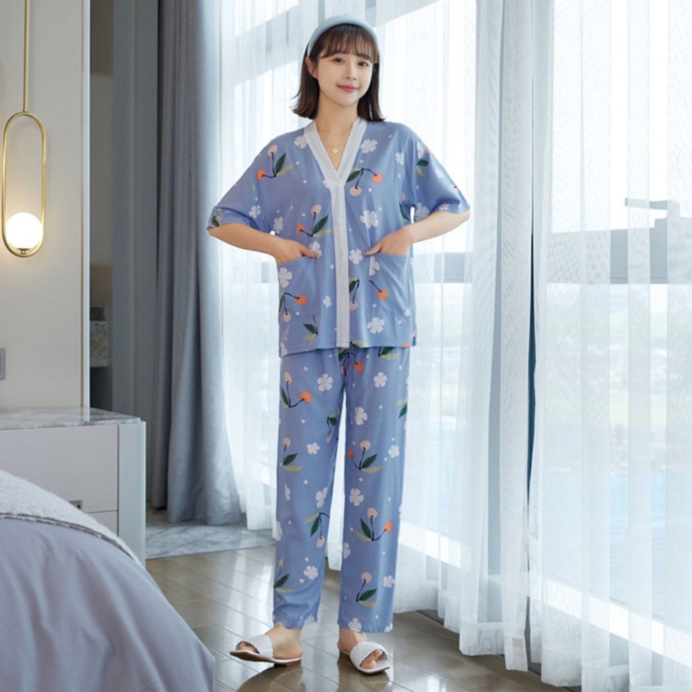 Bộ Đồ Ngủ Cotton Tay Ngắn Cổ Chữ V Dáng Rộng Thời Trang Mùa Hè Xinh Xắn Cho Nữ