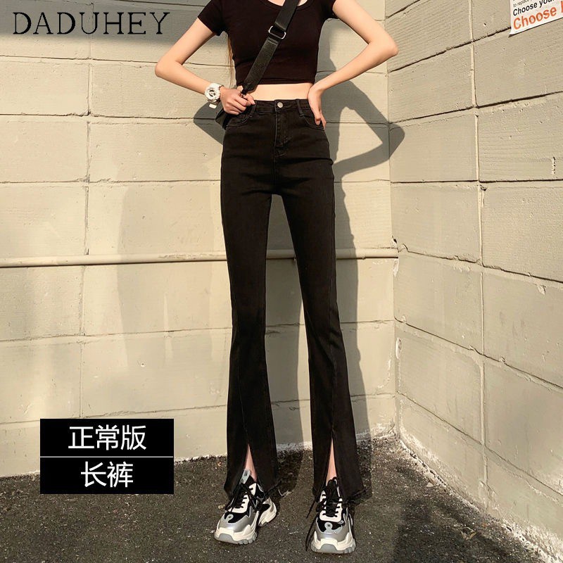 Daduhey Quần jean dài ống loe lưng cao màu đen phong cách Hàn Quốc thời trang mùa hè dành cho nữ 2021