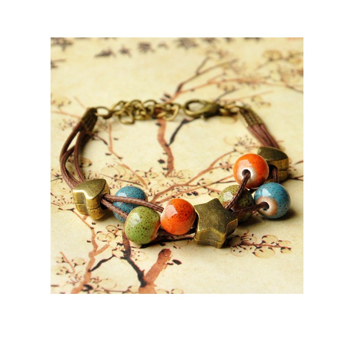 Vòng tay gốm thời trang Vintage 3 dây VGOM23 (Giao mầu ngẫu nhiên)