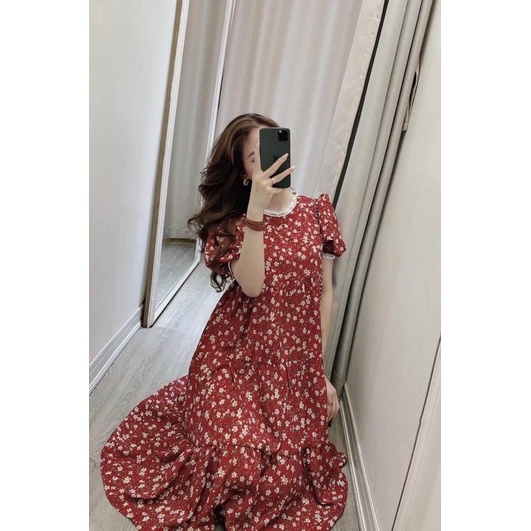Váy đầm hoa viền ren cộc tay xmay Tkutrang