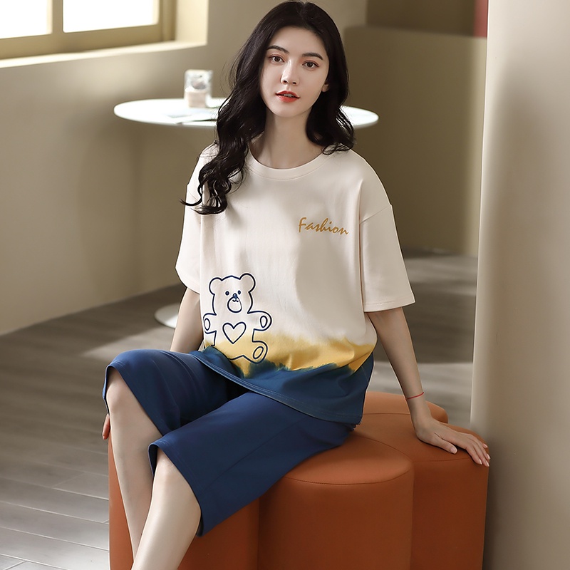 Bộ Đồ Ngủ Áo Tay Ngắn + Quần Lửng Dáng Rộng Bằng Vải cotton Mỏng In Họa Tiết Gấu Hoạt Hình Thời Trang Mùa Hè Cho Nữ