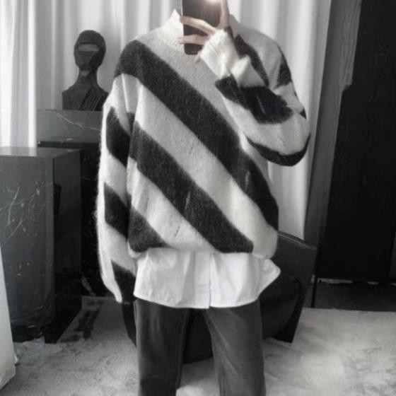 Xả Thanh Lý - [ORDER] Áo len lông sọc đen trắng chéo cổ tròn OFF-WHITE style Ulzzang Hàn quốc siêu chất ^ * -