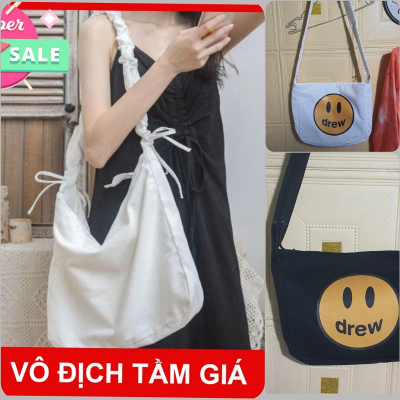 TÚI TOTE ĐEO CHÉO DÂY RÚT [CÓ KHÓA &amp; TÚI CON] - VẢI CANVAS MÀU TRẮNG